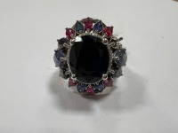 18KW Gold, Blue Sapphire, Ruby and Diamond Cluster Ring (Pompano Beach, FL)