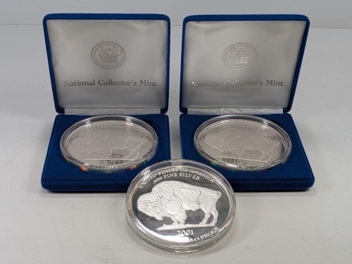 (3) National Collector's Mint "1 Troy Ounce Fine Silver" Giant Bufflo Proof Coins