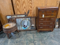 Vintage Dresser, Barrel Table, Wall Hanging, & Mirror