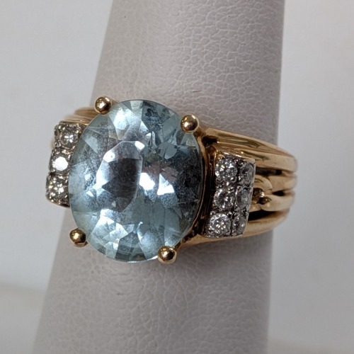 14K Yellow Gold Light Blue Stone w/ Diamond Accent