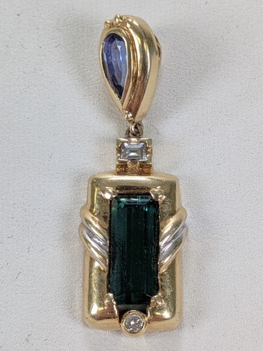 18K Yellow Gold Pendant w/ Purple, Green, & Diamond Stones