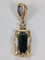 18K Yellow Gold Pendant w/ Purple, Green, & Diamond Stones