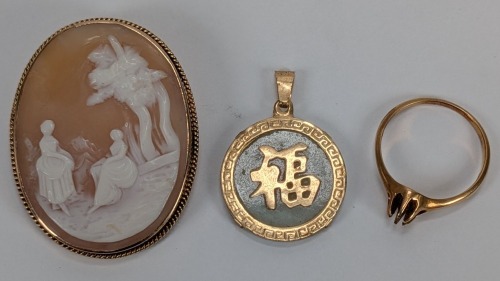 14K Yellow Gold Ring Mount, Cameo, & Pendant