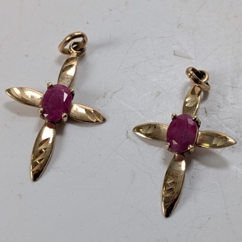 (2) 10K Yellow Gold Cross Pendant w/ Ruby Stone