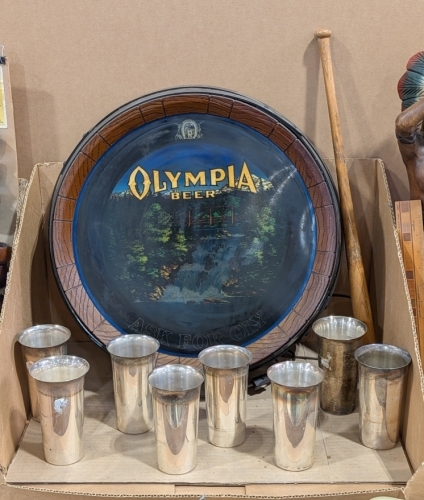 Olympia Beer Sign & Silve on Copper Glasses