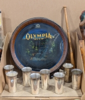 Olympia Beer Sign & Silve on Copper Glasses
