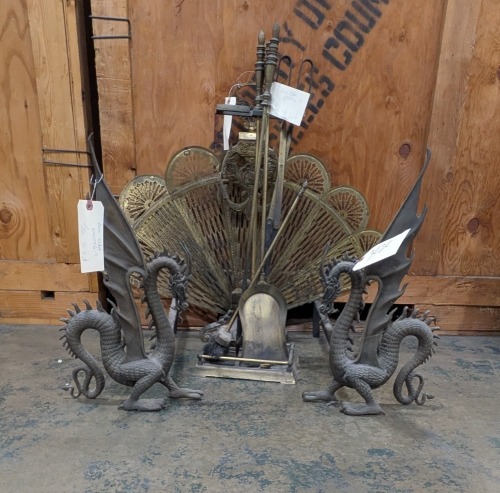 Fire Place Tools, Folding Fire Sceen & Dragon Andirons