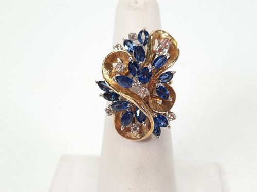 14K Gold Cluster Ring w/ Blue & Clear Stones