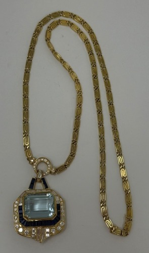 18K Gold Aquamarine & Sapphire Necklace (Dayton, NJ)