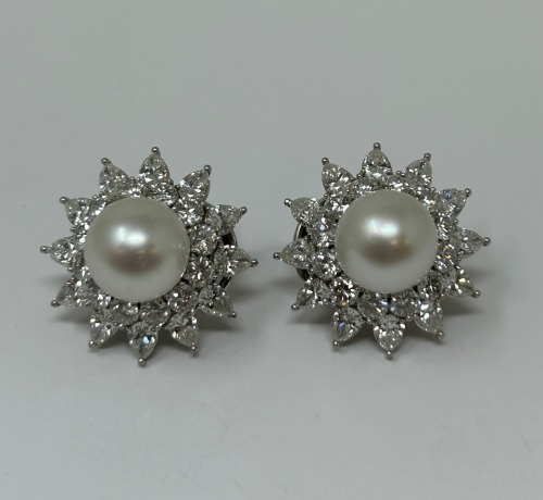 18K Gold Diamond Platinum & Pearl Earrings (Dayton, NJ)