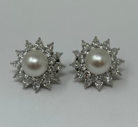 18K Gold Diamond Platinum & Pearl Earrings (Dayton, NJ)