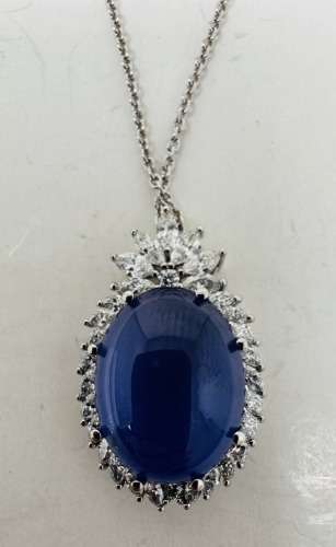 Platinum, Double Cabochon & Blue Star Sapphire Pendant w/ Chain (Dayton, NJ)