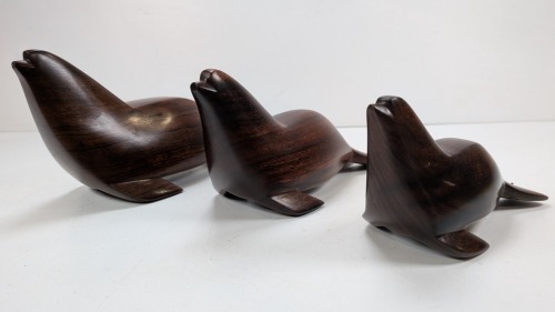 (3) Handmade Wooden Sea Lion Figurines