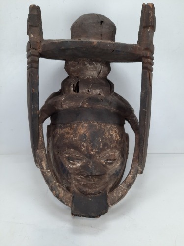 Hand-Carved Tribal-Style Helmet Mask