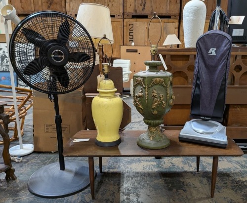 Coffee Table, Fan, Lamps, & Vacuum