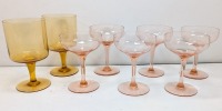 (6) Pink Champagne Glasses & (2) Green/Yellow Glass Goblets