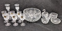 Crystal Candlesticks, Glasses, Bowl, & More