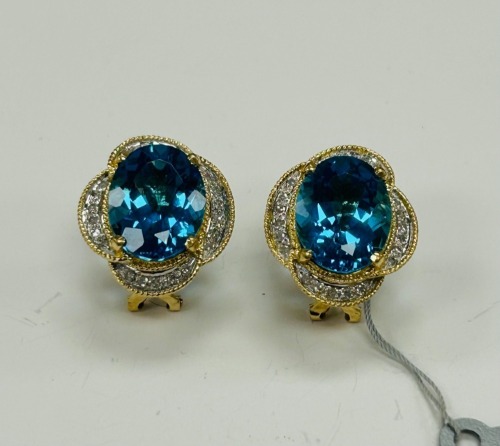 Pair 14K Gold & Blue Topaz & Diamond Earrings (Dayton, NJ)