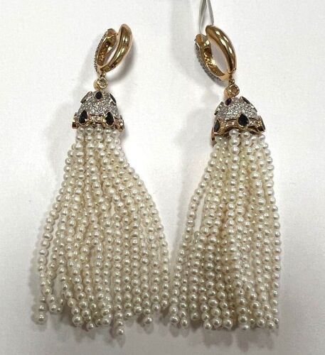 18KR, Blue Sapphire, Pearl & Diamond Tassel Earrings (Pompano Beach, FL)