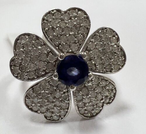 14KW, Blue Sapphire & Diamond Flower Ring (Pompano Beach, FL)
