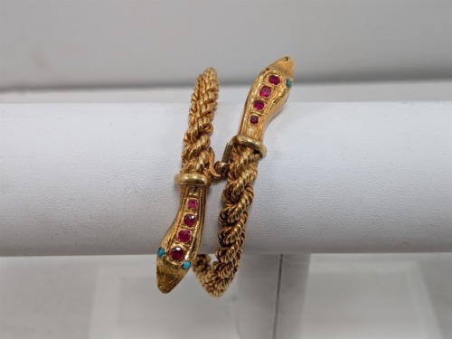 22K Yellow Gold Snake Bangle/Bracelet w/ (8) Ruby's & (3) Turquoise
