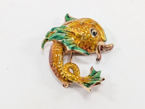 14K Yellow Gold Enamel Fish Brooch/Pin
